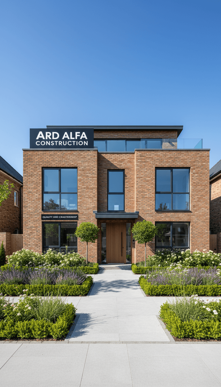 Modern two-storey brick house with neat front garden, emphasizing quality construction.