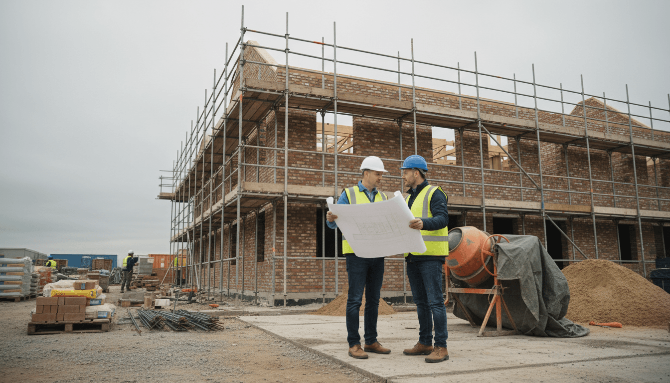 Construction site manager reviewing plans with a worker on a building project