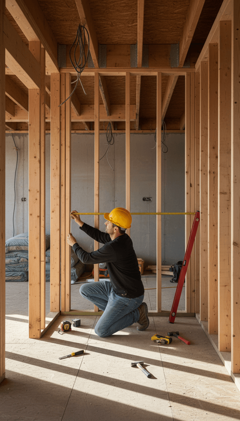 Builder measuring wall opening with tape measure