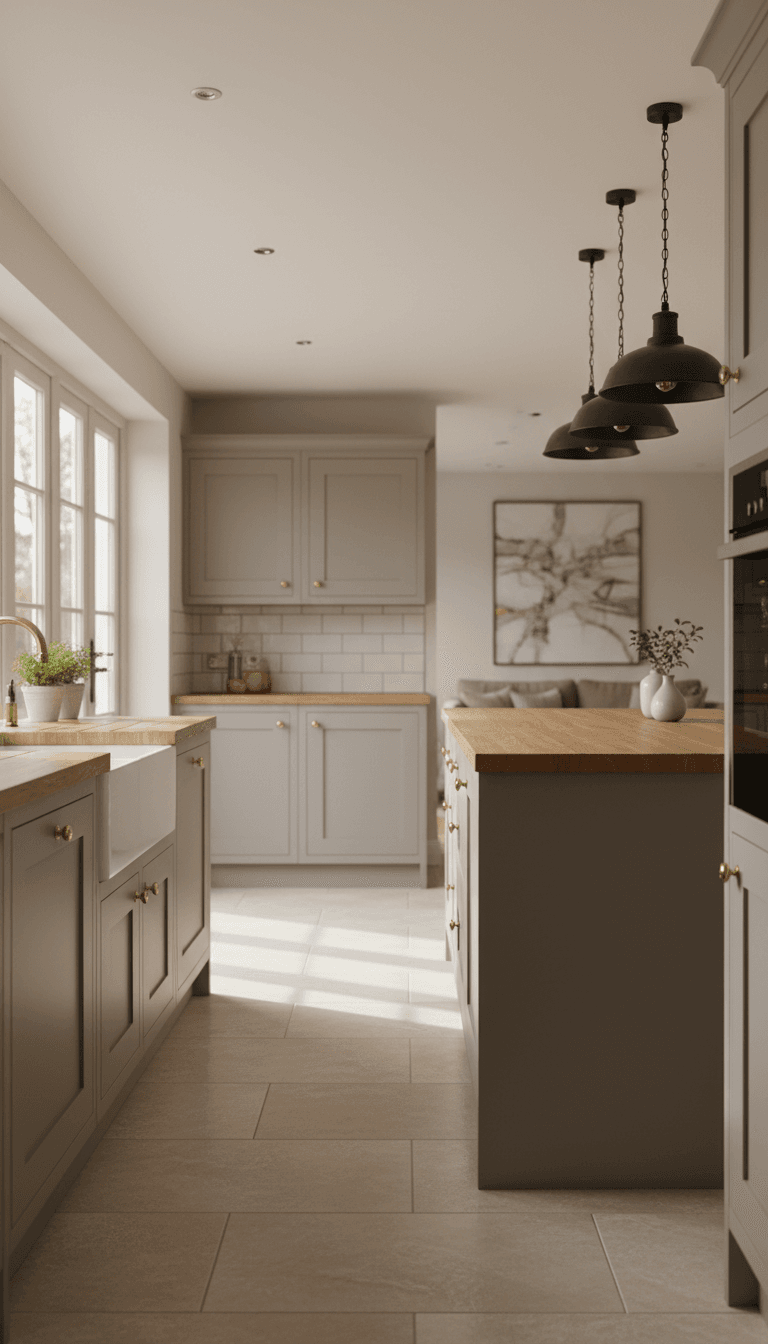Finished open-plan kitchen with solid wood worktop