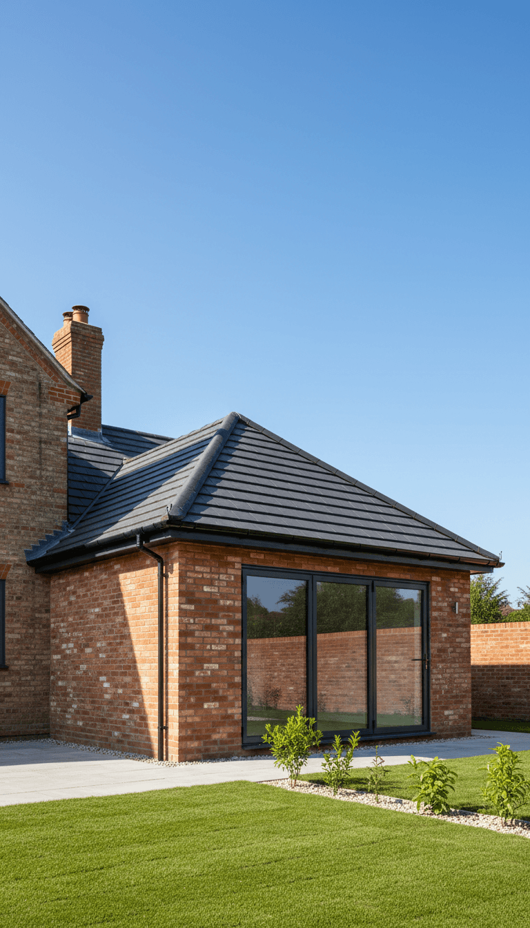 Completed house extension with new brickwork and roofline