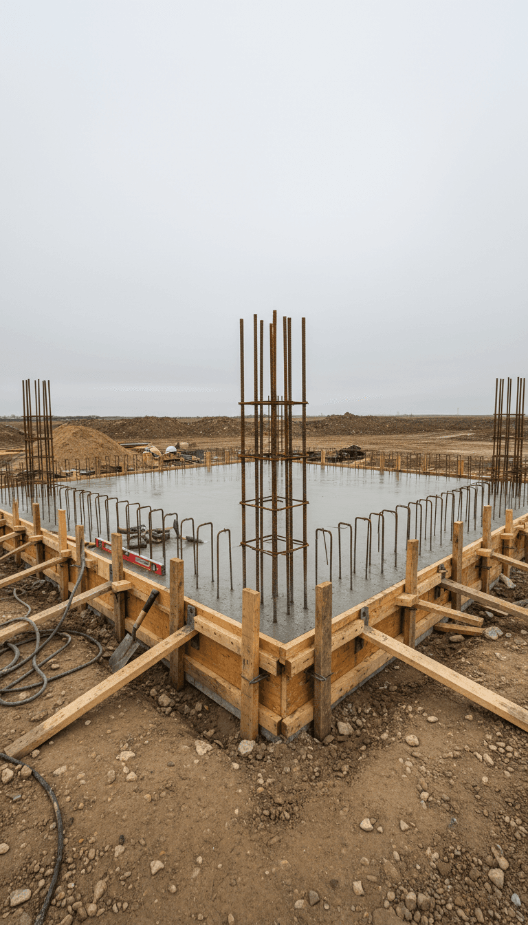 Freshly poured concrete foundation with rebar