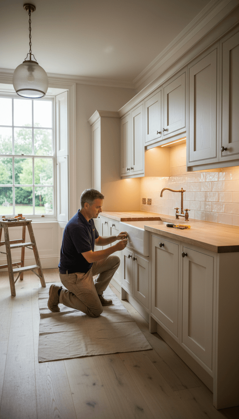 Builder adjusting cabinet door in finished kitchen