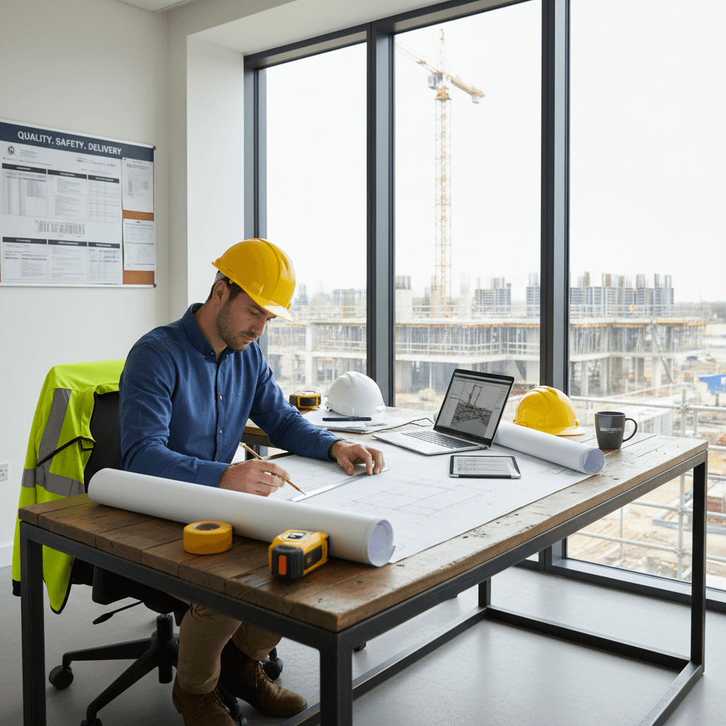 Contractor in site office reviewing blueprints with natural light and construction tools.
