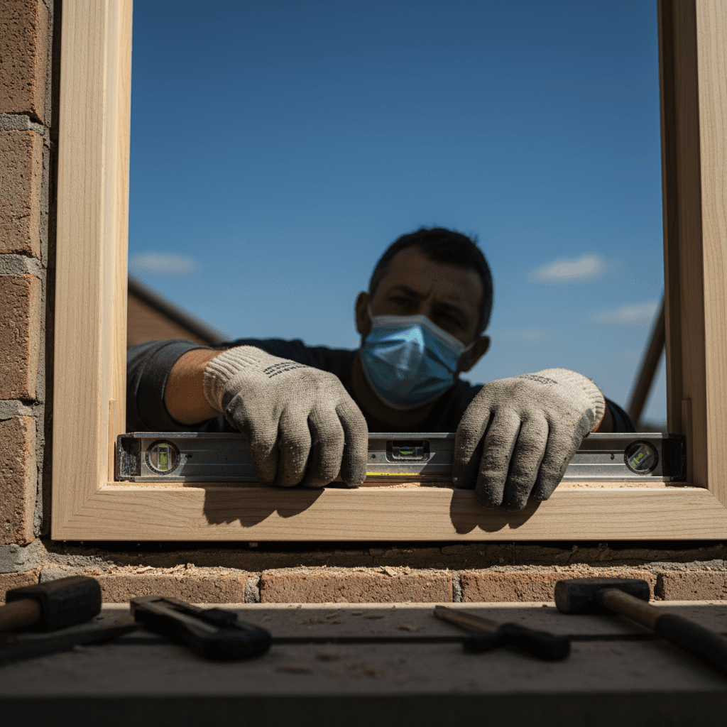 Tradesman fitting a window frame