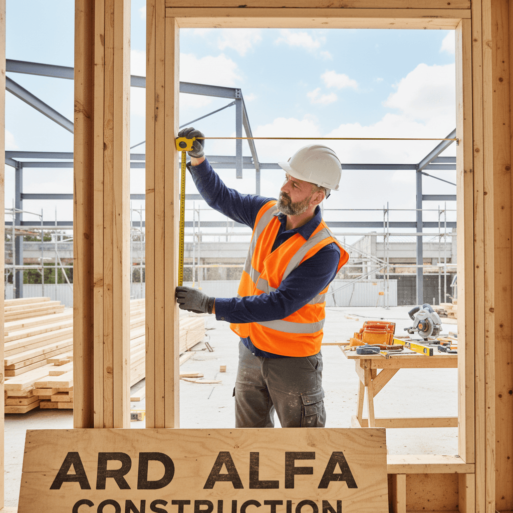 Builder measuring wall opening with tape measure at a construction site