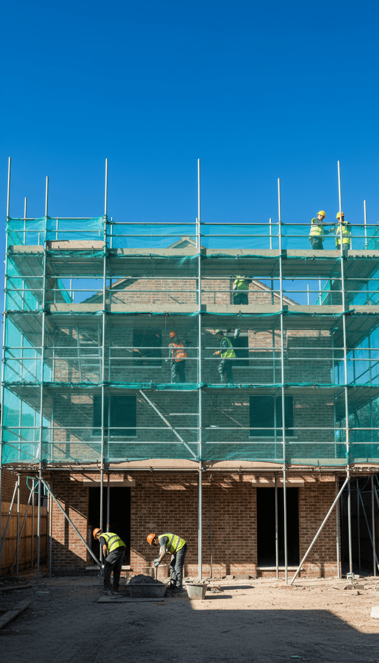 Two-storey extension under construction with scaffolding