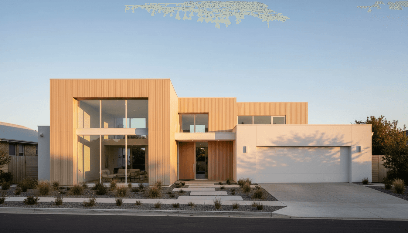 Modern contemporary home exterior with clean geometric design, light wood and white finishes, large windows, photographed during golden hour