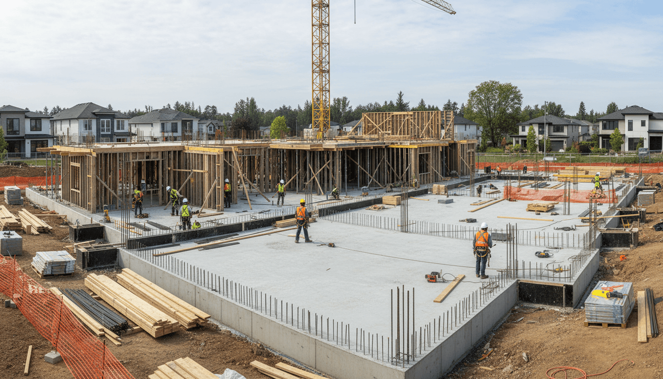 Wide view of mid-stage residential construction site with concrete foundation, steel framework, and multiple workers in safety gear